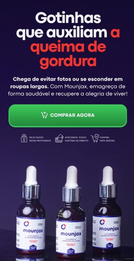Frasco de Mounjax gotas naturais para emagrecimento saudável, acelerando o metabolismo, reduzindo inflamações e controlando a saciedade.